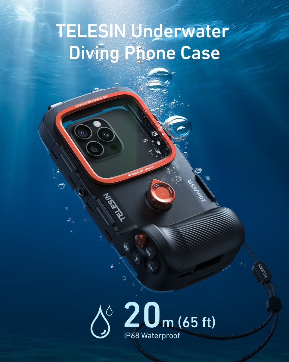 TELESIN dive phone case opened showing interior foam padding and phone slot